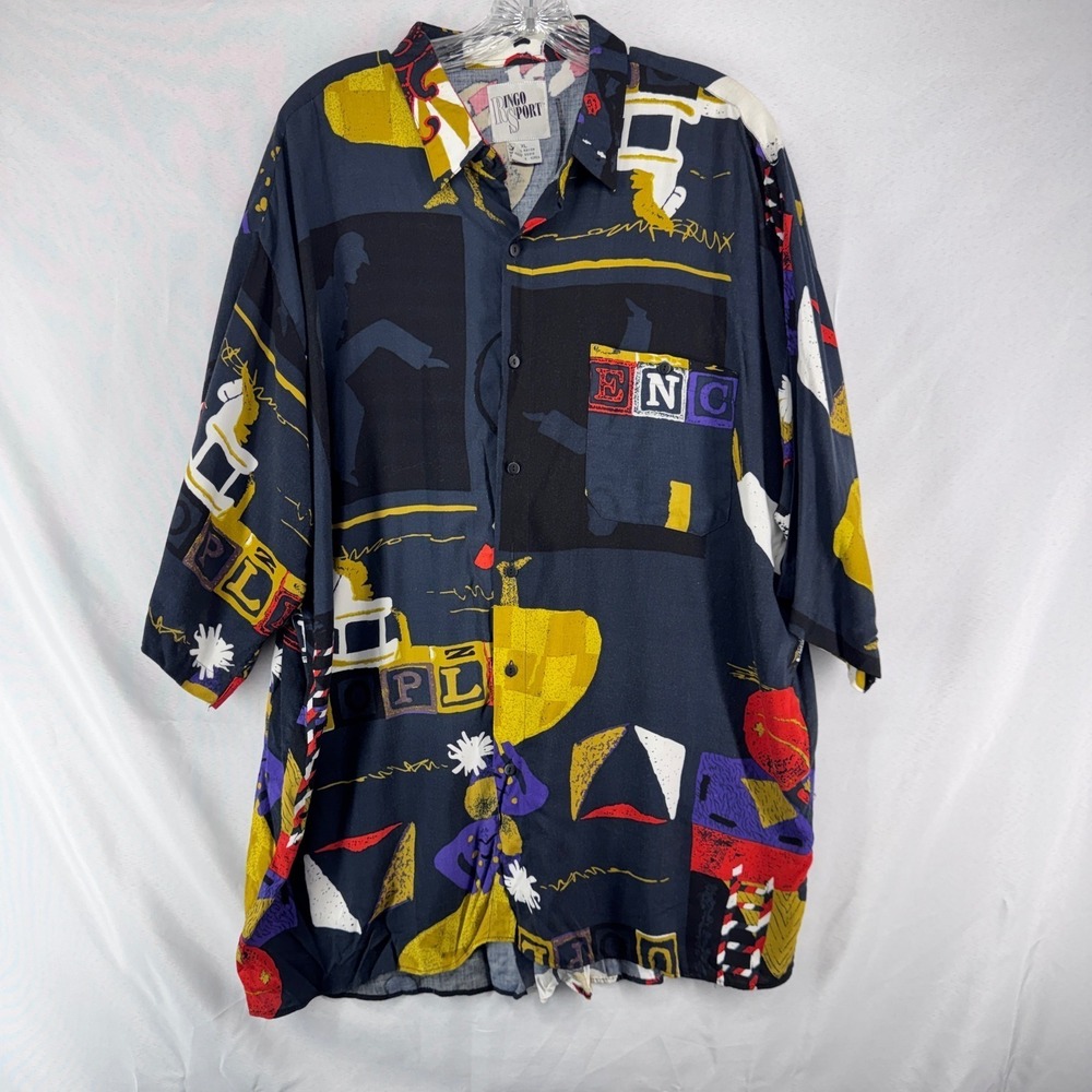 Ringo Sport Button Down Shirt XL Black Abstract Oversized Vintage 90s Rayon